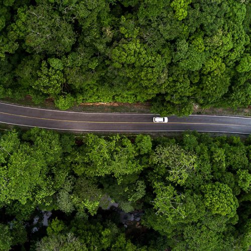 Aerial view asphalt road and green forest