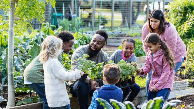 A black man, white woman, and five children gathered together in a vegetable garden